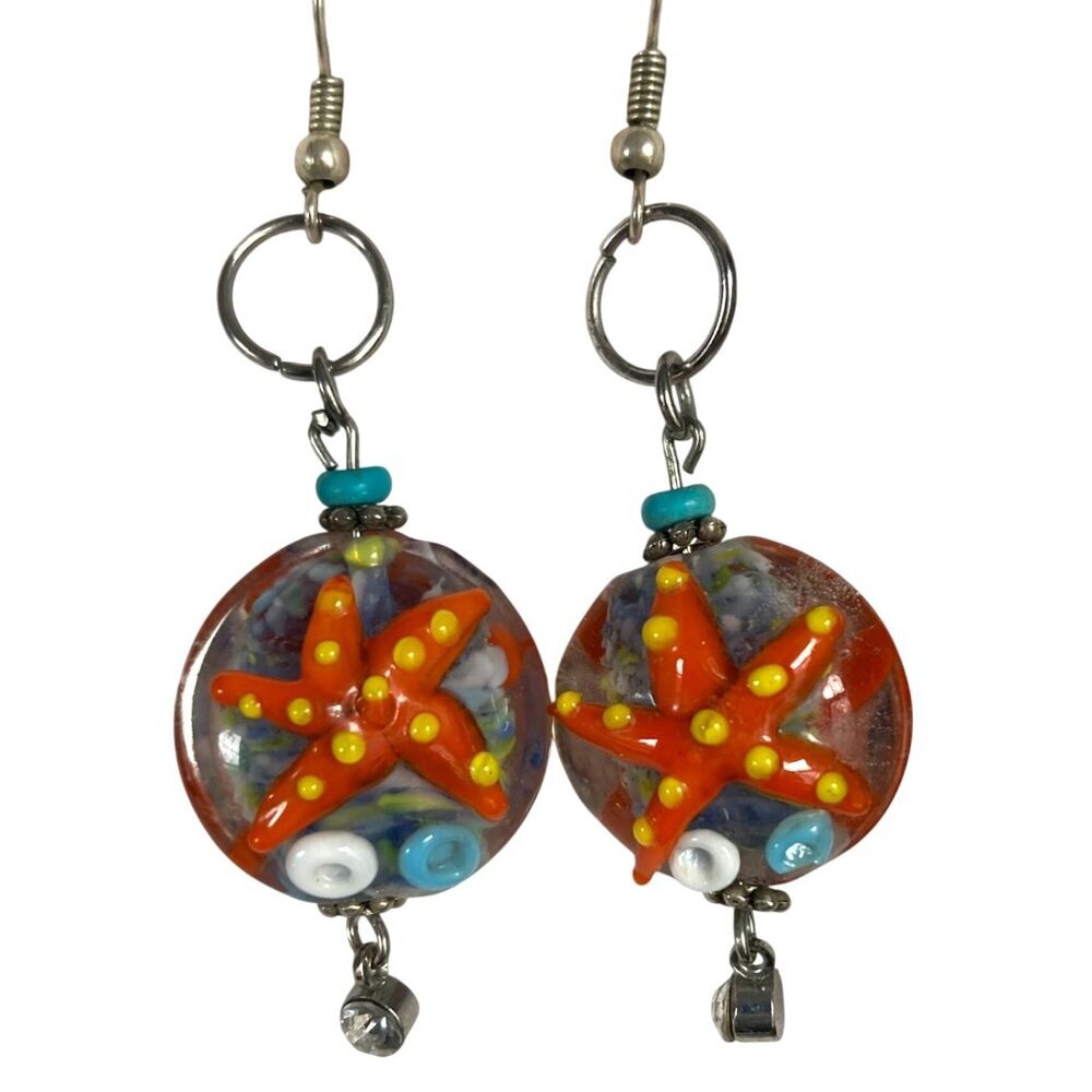 Starfish Glass Bead Earrings Rhinestone Accent Silver Tone Hooks Sea Star Beachy